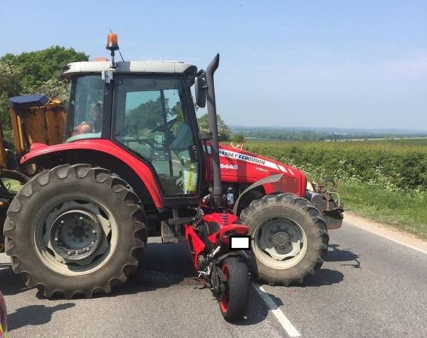 Biker embeds motorcycle in tractor, escapes with minor injuries