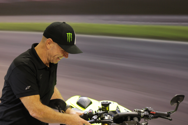 Randy Mamola with Triumph Street Triple 765 Moto2 Edition at Motorcycle Live 2022.