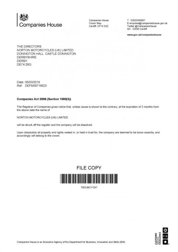 Companies House issues notice to dissolve Norton Motors UK Ltd