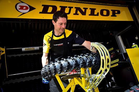 Dunlop Geomax tyre being fitted to a rim.