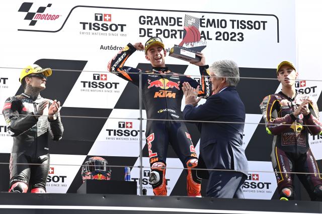 Pedro Acosta, Aron Canet, Tony Arbolino, on 2023 Moto2 Portuguese Grand Prix podium. - Gold and Goose
