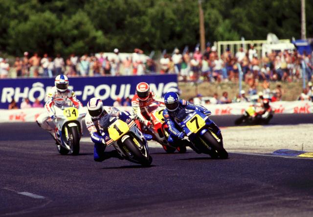 Wayne Gardner, Christian Sarron, Wayne Rainey, Kevin Schwantz, 1988 500cc French Grand Prix. - Gold and Goose