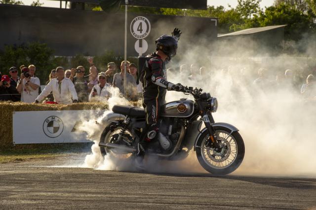 Toad from Visordown does a burnout on the new Gold Star motorcycle at FoS