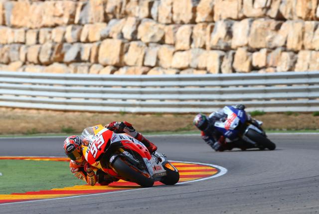Marc Marquez leads Jorge Lorenzo, 2013 MotoGP Aragon Grand Prix. - Gold and Goose