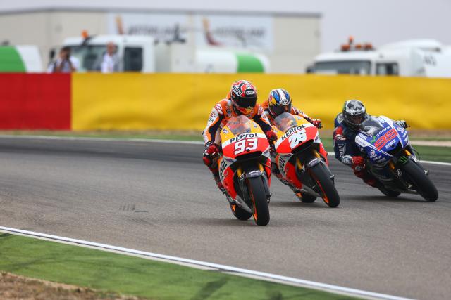 Marc Marquez leads Dani Pedrosa and Jorge Lorenzo, 2014 MotoGP Aragon Grand Prix. - Gold and Goose