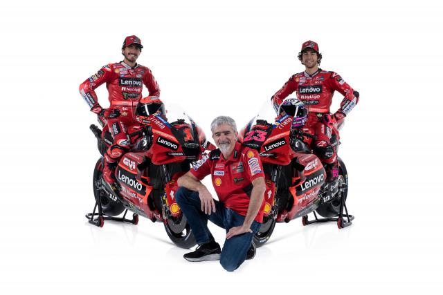 Francesco Bagnaia, Enea Bastianini, Gigi Dall'Igna, Ducati Desmosedici GP23, 2023 Ducati Lenovo Team team launch.