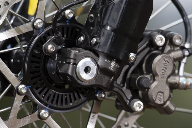 The front brake on a motorcycle