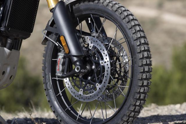 The Brembo disc brakes on a motorcycle