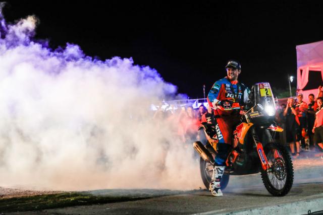 Matthias Walkner celebrates his maiden Dakar win