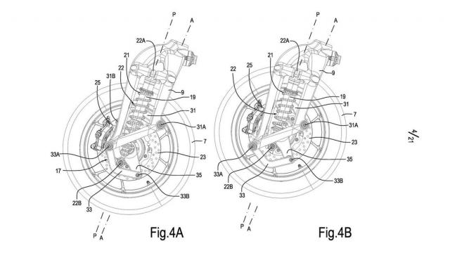 Piaggio Watt's linkage suspension patent drawing. - Motorrad