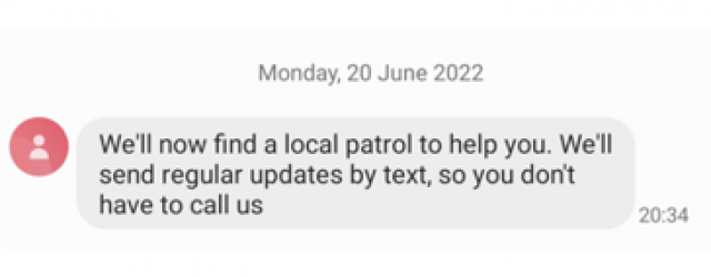 Text sent from RAC to Will Norman regarding a breakdown at 20:34, 21 June.