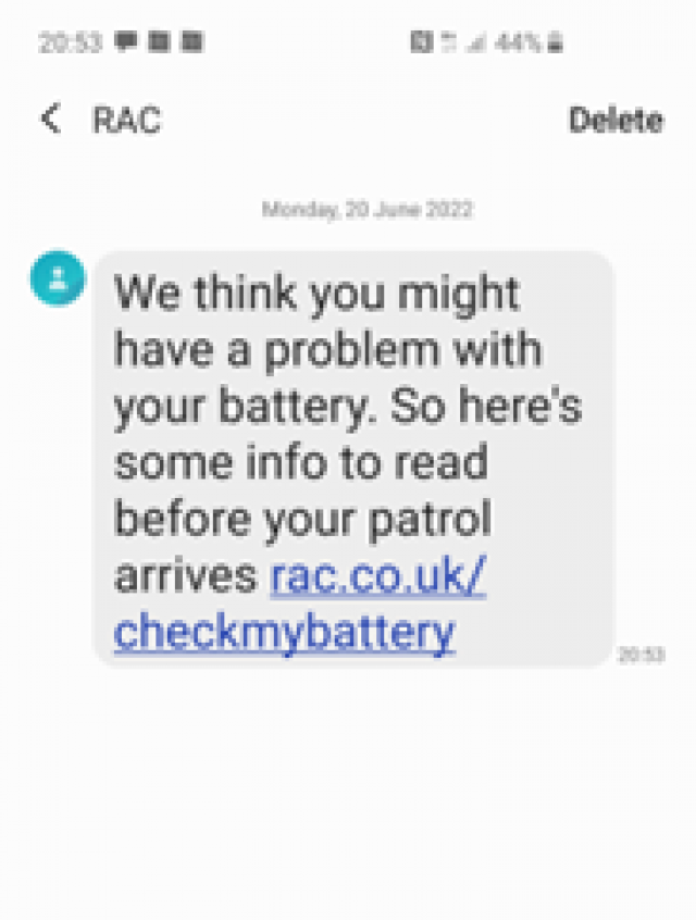 Text sent from RAC to Will Norman regarding a breakdown at 20:53, 21 June.