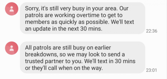 Texts sent from RAC to Will Norman regarding a breakdown at 22:36 and 23:01 21 June.