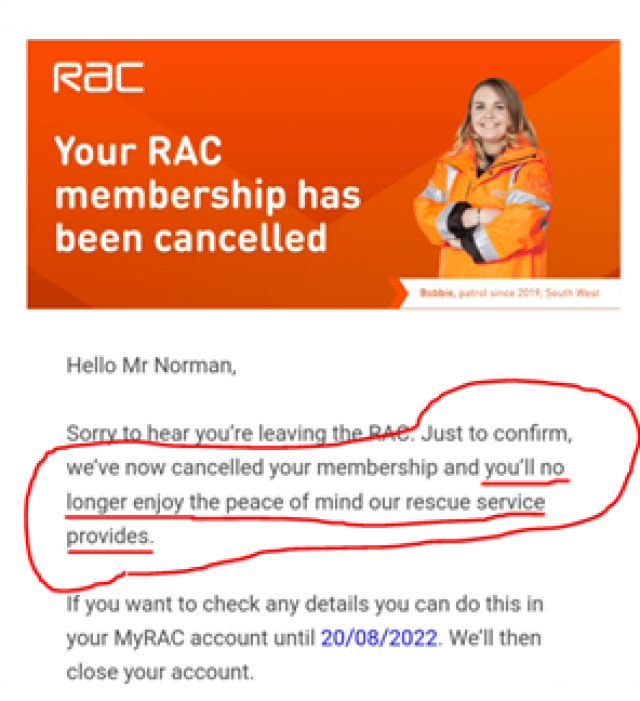 Email sent by RAC to Will Norman after cancellation of membership.