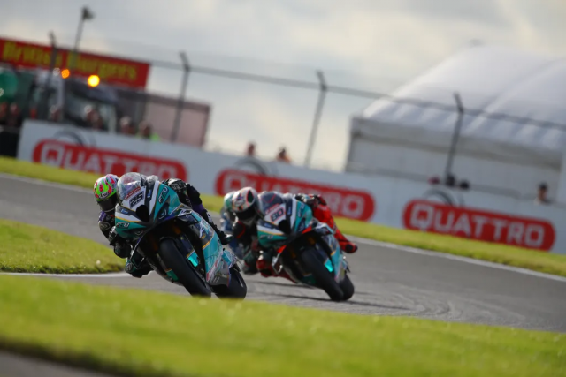 Josh Brookes leads Peter Hickman, 2023 Cadwell Park BSB. - FHO Racing