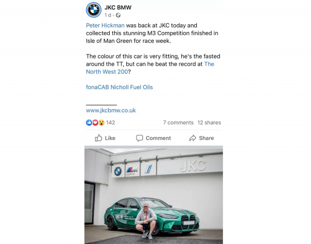 Peter Hickman with green BMW M3 Competition, Facebook post by JKC BMW. - MCNews
