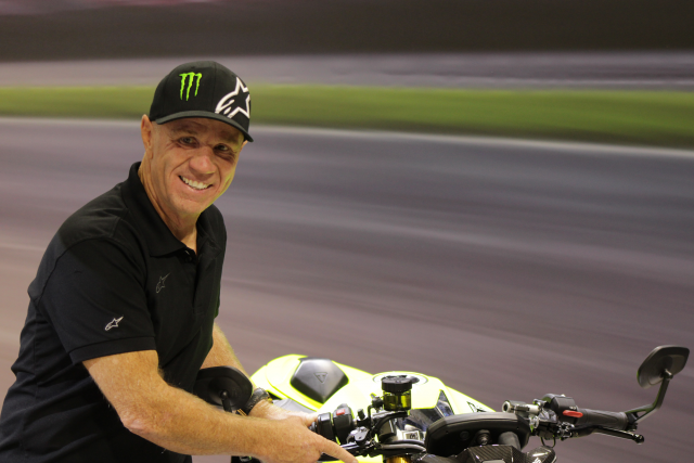 Randy Mamola with Triumph Street Triple 765 Moto2 Edition at Motorcycle Live 2022.