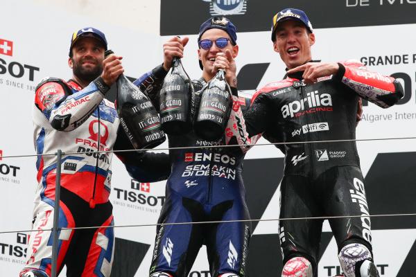 2022 Portuguese Grand Prix MotoGP podium with Fabio Quartararo, Johann Zarco, Aleix Espargaro.