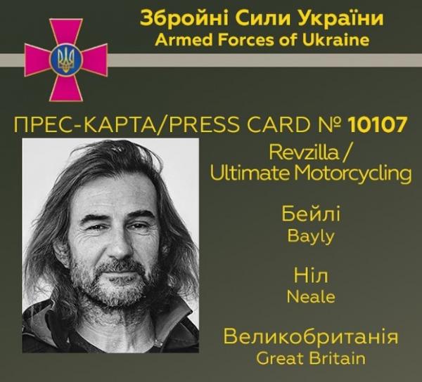 Neale Bayly&#039;s press ID card for his Ukraine trip