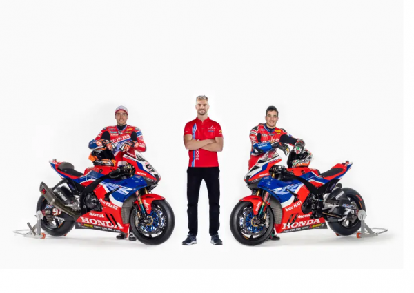 Leon Camier, Xavi Vierge, Iker Lecuona with 2023 Team HRC Honda CBR1000RR-R Fireblade, 2023 Team HRC WorldSBK team launch