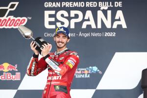 Francesco Bagnaia, 2022 Spanish Grand Prix podium. - Gold and Goose.