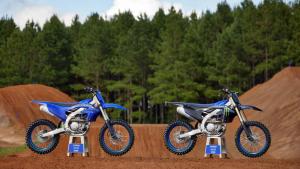 2023 Yamaha YZ450F, in Icon Blue on left of shot, Monster Black on right