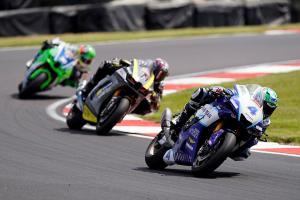 Jack Kennedy leads Storm Stacey, Max Cook, 2023 Donington Park GP BSB. - Mar-Train Racing