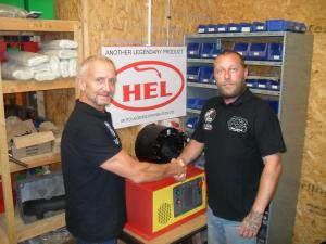 Arthur Macdonald and Steve Garfoot shake hands over HEL Performance distribution rights deal.