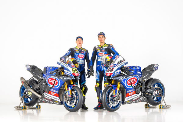 Andrea Locatelli &amp; Toprak Razgatlioglu with Pata Yamaha Prometeon Yamaha R1, 2023 Yamaha WorldSBK launch.