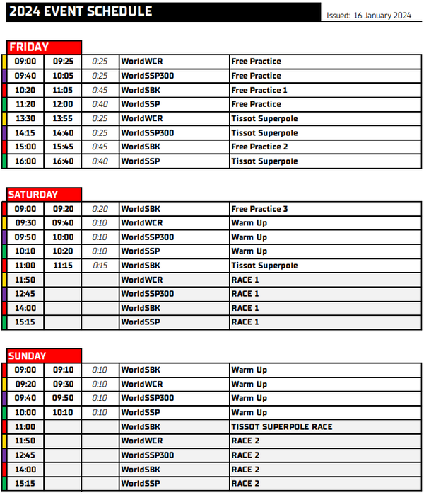 2024 WorldSBK weekend schedule